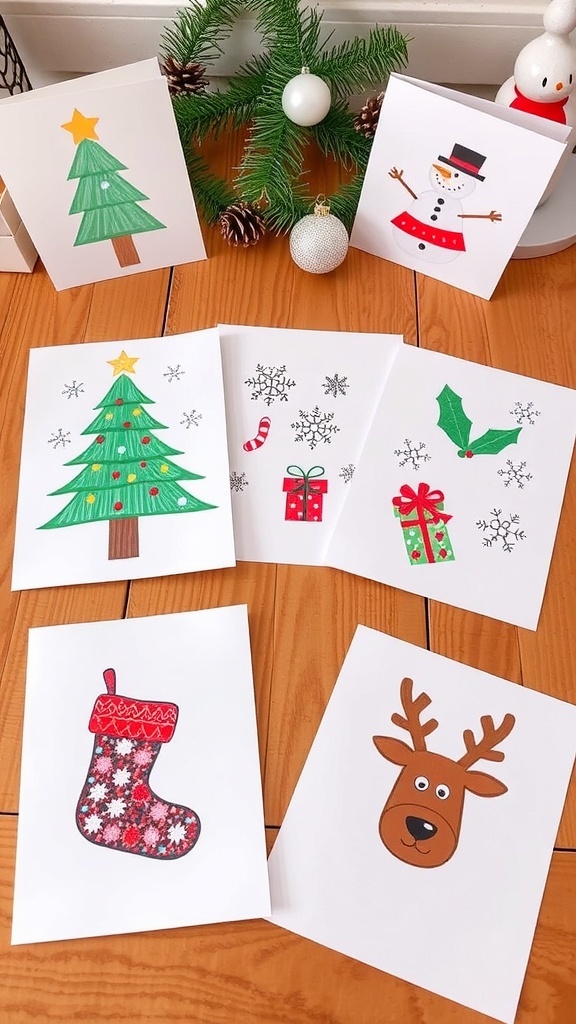 Simple Christmas card drawings including a tree, snowman, snowflakes, stocking, and reindeer on a festive table.